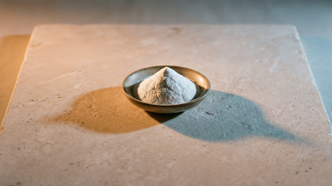 A small dish of white powder on warm stone lit from the left by morning light and from the right by evening light, two shadows meeting at the dish