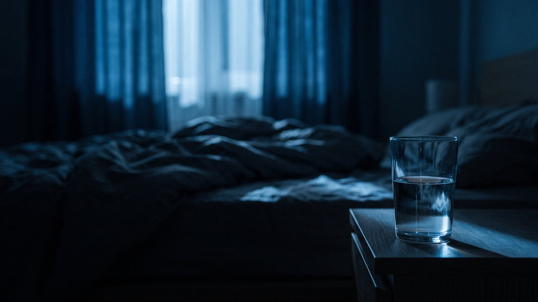 A glass of water on a bedside table in a dark bedroom lit by cold moonlight, an empty unmade bed behind.