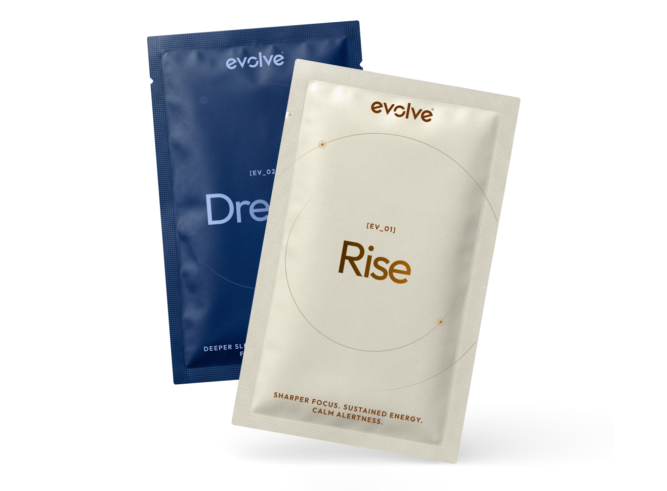 evolve® Rise and Dream sachets, the two formulas under test in EV-01